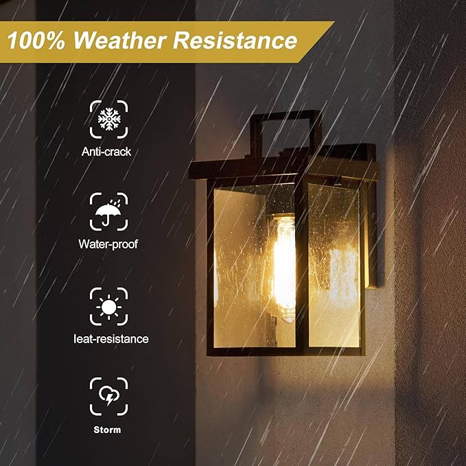 classy leaves Black Outdoor Wall Lights, Farmhouse Waterproof Square Exterior Lantern Wall Sconces with Seeded Glass Shade, Modern Anti-Rust Porch Light Fixtures for Patio, Yard, Garage, Front Door