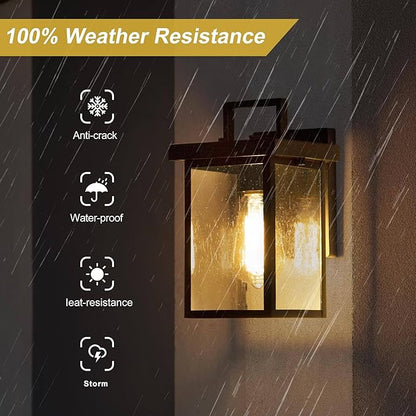 classy leaves Black Outdoor Wall Lights, Farmhouse Waterproof Square Exterior Lantern Wall Sconces with Seeded Glass Shade, Modern Anti-Rust Porch Light Fixtures for Patio, Yard, Garage, Front Door