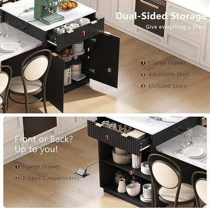 JIJIWANG 82.6" Fluted Kitchen Island with Extendable Dining Table for 4-6, Island Table for Kitchen with Power Outlet, Kitchen Table with Double-Side Storage, 2 Drawers 2 Side Open Shelves, Black