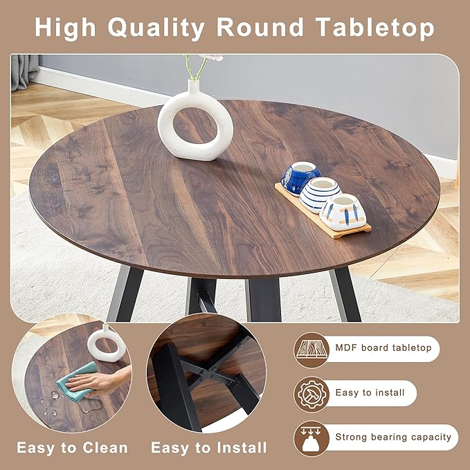 Round Dining Table Set for 4 People, 42 Inch Diameter with Dark Walnut Textured MDF Top and Black Metal Legs, Includes Brown Technology-Fabric Chairs for Kitchen and Dining Room