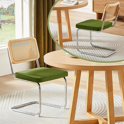 Rattan Back Velvet Dining Chair Set of 6 Modern Breuer Designed Stainless Chrome Base Armless Upholstered Dining Chair for Dining Room, Kitchen Island(Olive Green)