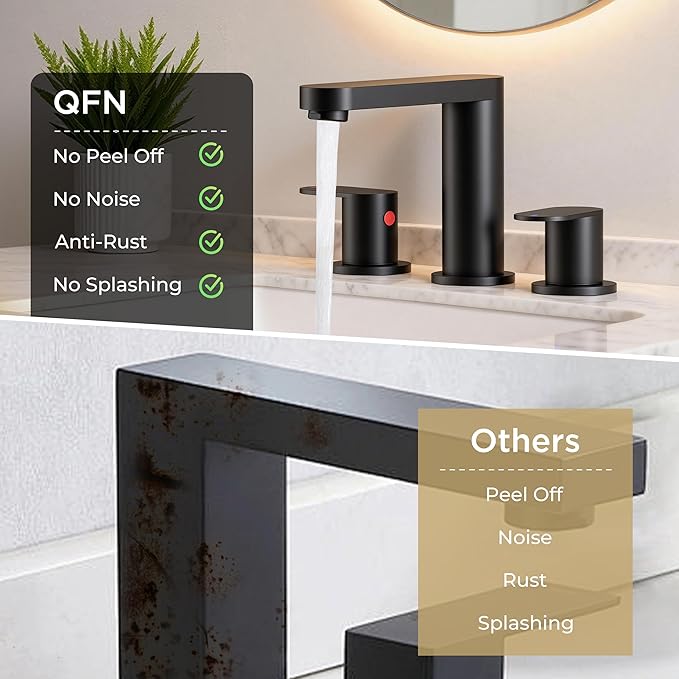 QFN Matte Black Bathroom Faucets 3 Hole, 8 inch Widespread Bathroom Faucet with Pop Up Drain and 24" cUPC Supply Hoses, Lead-Free Two Handles Suitable for 6-12 Inch RV, Restroom, Vanity Sink