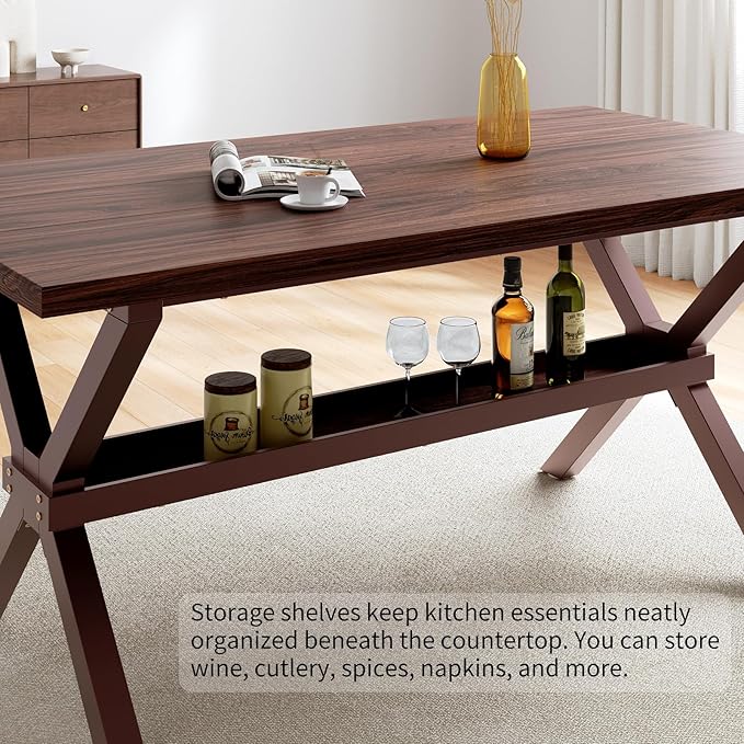 HIPIHOM 63" Modern Dining Room Table with Storage Shelves, MDF Kitchen Table with Scratch-Resistant Surface, Strong Metal Legs, Great for Apartments and Breakfast Nooks