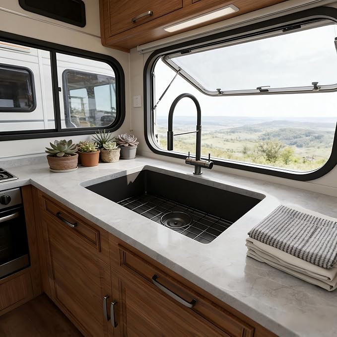 Kitsitchen Black RV Kitchen Sink,SUS304 Stainless Steel Single Bowl Black Undermount Kitchen Sink,7 Inch Depth RV Sink with Strainer & Bottom Gird, Outdoor Camper Prep Sinks(25"x16"x7")