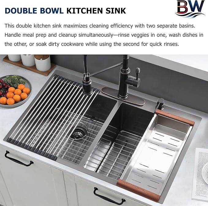33x22 Inch Black Double Bowl Kitchen Sink Drop In - 16 Gauge Stainless Steel 50/50 Split, Top Mount Drop In Kitchen Sink Double Bowl