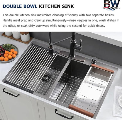 33x22 Inch Black Double Bowl Kitchen Sink Drop In - 16 Gauge Stainless Steel 50/50 Split, Top Mount Drop In Kitchen Sink Double Bowl