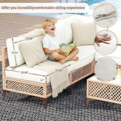 Outdoor Patio Furniture Set, Wicker Outdoor Sectional Set, Boho Patio Conversation Sectional Sofa with Large Tempered Glass Coffee Table and Waterproof Cushion (Large Size 5-Piece Patio Furniture)
