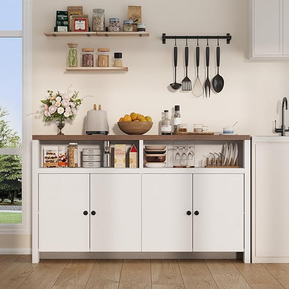 IDEALHOUSE Sideboard Buffet Cabinet with Storage, 55" Large Farmhouse Kitchen Storage Cabinet with 4 Doors & Adjustable Shelves, Wood Coffee Bar Cabinet for Kitchen, Dining Room, Living Room, White