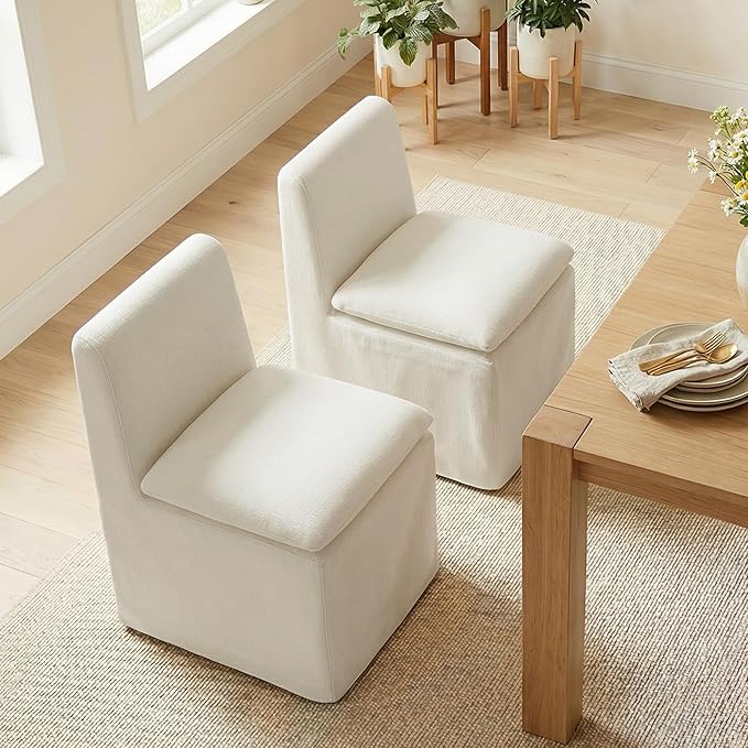 KISLOT Upholstered Dining Chairs Set of 2 with Casters, Modern Armless Kitchen Chairs with Removable Washable Cover, Chenille Velvet Fabric, Sturdy Metal & Wood Frame, 19.5" Seat Height, Linen