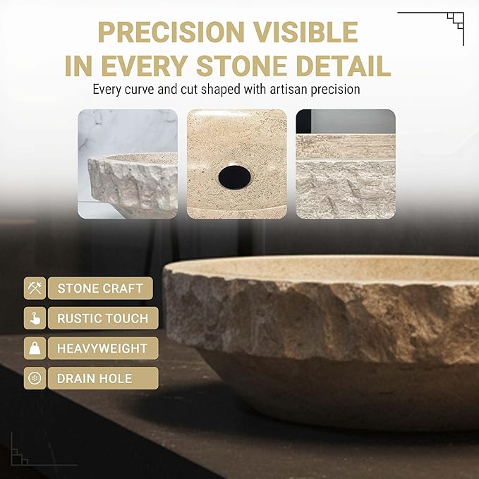 Shades of Nature Round Travertine Vessel Sink, Natural Stone Wash Basin, Hand-Carved Bathroom Sink, Chiseled Exterior, Polished Interior, Above Counter Vanity (Soap Tray Included)