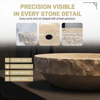 Shades of Nature Round Travertine Vessel Sink, Natural Stone Wash Basin, Hand-Carved Bathroom Sink, Chiseled Exterior, Polished Interior, Above Counter Vanity (Soap Tray Included)