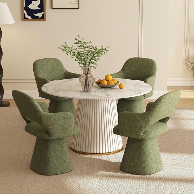 Green Modern Swivel Dining Chairs Set of 2, Upholstered Chenille Dining Room Chairs with Curved High Back, Comfy Side Armchair for Kitchen Reception Bedroom