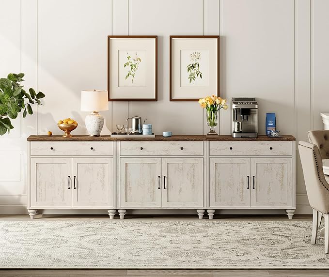 WAMAPT Buffet Cabinet with 6 Doors and 4 Drawers, Large Coffee Bar Table Wood Kitchen Storage Cabinets with Storage Cabinets, Modern Farmhouse Sideboard Credenza, Rustic White, 101 inch