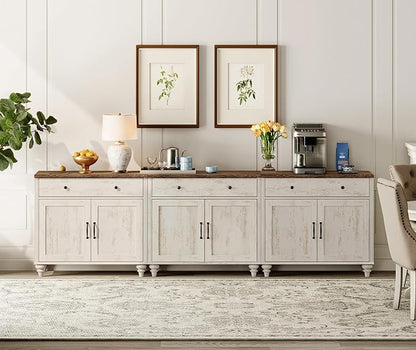 WAMAPT Buffet Cabinet with 6 Doors and 4 Drawers, Large Coffee Bar Table Wood Kitchen Storage Cabinets with Storage Cabinets, Modern Farmhouse Sideboard Credenza, Rustic White, 101 inch
