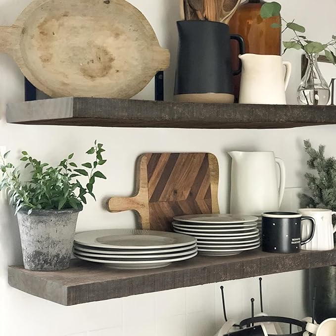 FLYJOE Floating Shelves, 8 Inch Deep Rustic Solid Reclaimed Wood Wall Shelves for Storage, Wall Mounted Display Shelving with Invisible Heavy-Duty Metal Bracket, 24 Inch Width Set of 2, Cement Grey