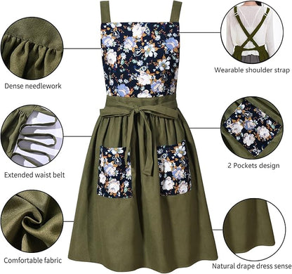 Pinknoke Vintage Pinafore Apron Dress for Women with Pockets Cute Floral Chef Aprons for Kitchen Cooking Baking Gardening