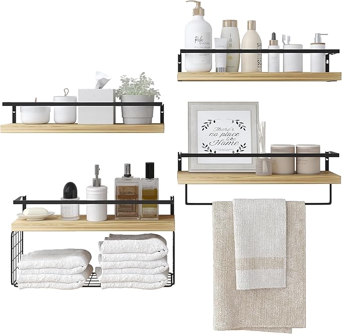 Wood Floating Shelves Wall Mounted - 4+1 Tier Rustic Bathroom Wall Shelves Over Toilet with Wire Storage Basket and Towel Bar, Set of 4 Farmhouse Floating Shelf for Bathroom, Kitchen, Bedroom.