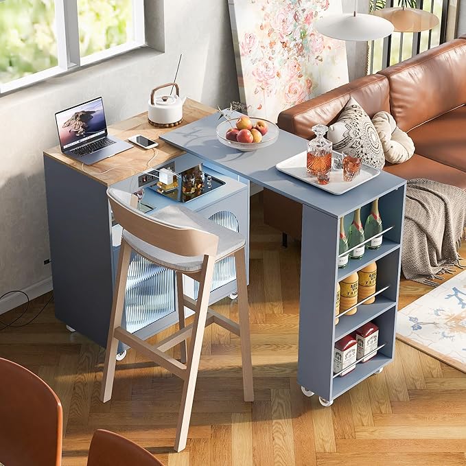 Rolling Kitchen Island with Extended Table,Kitchen Island on Wheels with LED Lights,Power Outlets and 2 Fluted Glass Doors, with a Storage Compartment and Side 3 Open Shelves (Grey-Blue~018)