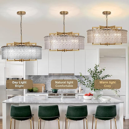 Crystal Gold Chandelier Lighting Fixture, 8 Lights Luxury Crystal Glass Pendant with Adjustable Chain,Ceiling Mounted for Dining Room Kitchen Living Room Foyer- 30in (Sloped/Hight Ceiling)