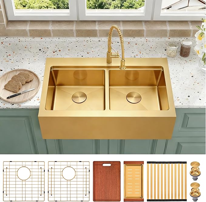 Gold Farmhouse Kitchen Sink 33 x 22 Drop In, 50/50 Double Bowl Farm Sinks, 16 Gauge Stainless Steel Workstation Sink with Ledge & Accessories, 33" x 22" x 10" Large and Deep Double Sinks