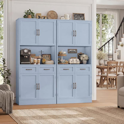 HOSTACK 71" Tall Kitchen Pantry Storage Cabinet, Modern Kitchen Hutch Bar Cabinet with Microwave Stand, Wood Buffet Sideboard with Hutch, Cupboard with Drawers, Shelves for Dining Room, Light Blue