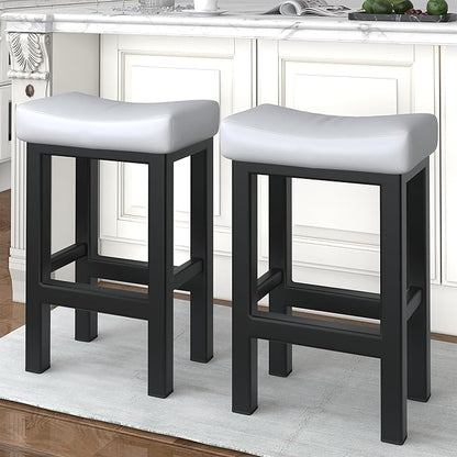 Bar Stools Set of 2, 24 Inch Counter Height Bar Stools for Kitchen Island, Faux Leather Upholstered Thick Saddle Seats & Heavy Duty Metal Base, Easy Assembly, White