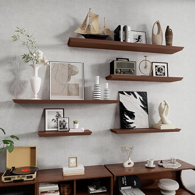 Fun Memories Floating Shelves 40 Inch Long, 9.3 Inch Deep Classic Crown Molding Floating Shelves for Wall, Rustic Wooden Shelves for Wall Decor Bathroom, Kitchen, Office, (Walnut, 1Pack)