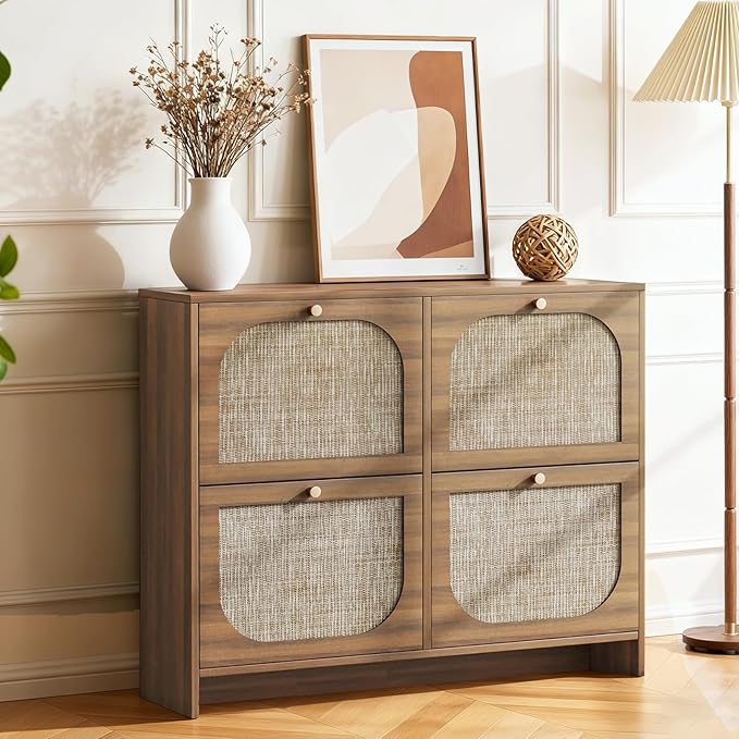 Nicetree Freestanding Ultra Slim Fluted Accent Shoe Storage Cabinet for Entryway - 4 Flip Drawers & 3-Tier Adjustable Shelves, Farmhouse Modern Rustic Shoe Rack for Hallway, Foyer, Living Room