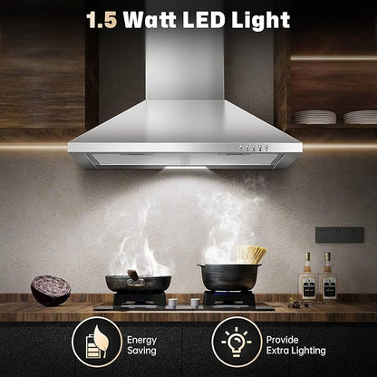SNDOAS 24 inch Range Hood,Stainless Steel Oven Vent Hood,Wall Mount Kitchen Hood,Ducted/Ductless Chimney-Style Kitchen Exhaust Hood with Push Button Control,Stove Vent Hood with 3-speed Fan