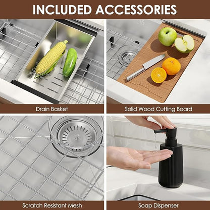 32x19 Inch Undermount Kitchen Sink Luxury Nano-coating Single Bowl Black Kitchen Sinks 16 Gauge Stainless Steel Soundproof Kitchen Workstation with 6 Accessories (Brushed Nickel)