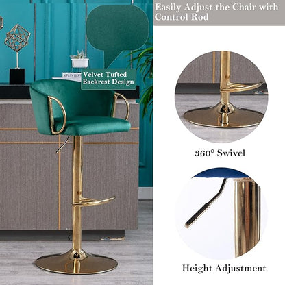 Rhomtree 24-32 Inch Swivel Bar Stools, Adjustable Counter Height Barstools with Gold Stable Metal Frame Footrest, Upholstered Bar Chairs for Home Bar Kitchen Island(Green Set of 6)