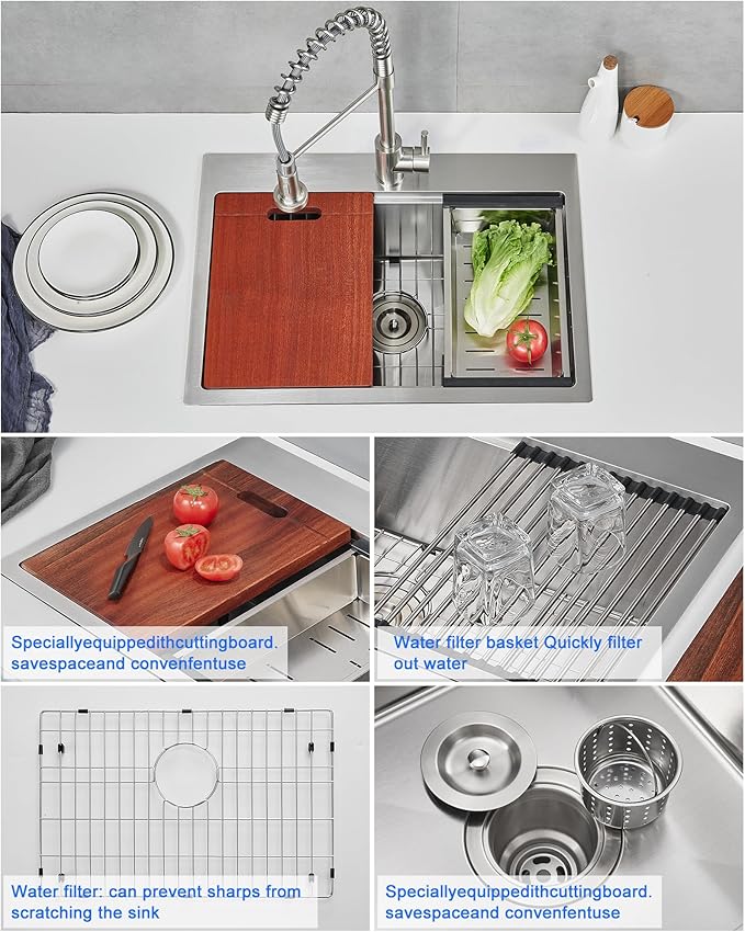 25-inch Workstation Kitchen Sink Drop In, 25x18 Inch 18 Gauge Stainless Steel Topmount Kitchen Sink Single Bowl with Cutting Board& Strainer