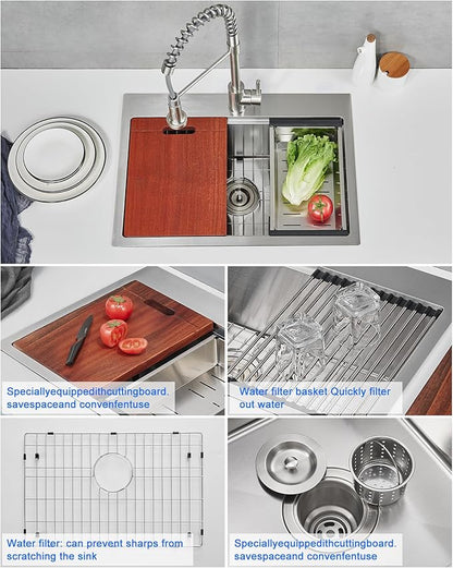 25-inch Workstation Kitchen Sink Drop In, 25x18 Inch 18 Gauge Stainless Steel Topmount Kitchen Sink Single Bowl with Cutting Board& Strainer