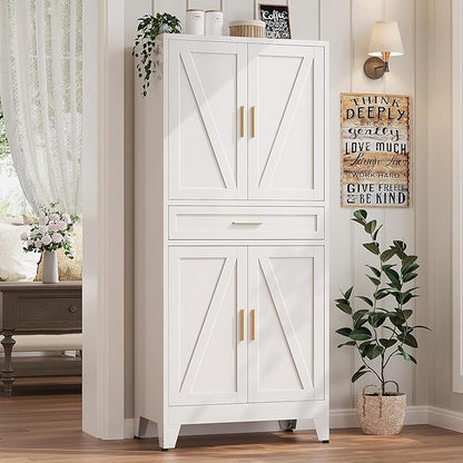 71“H Metal Kitchen Pantry Cabinet with Drawers,White Kitchen Pantry Cabinets,Tall Food Storage Cabinets,Free Standing Pantry Cabinet with 4 Doors,Farmhouse Pantry Cabinets