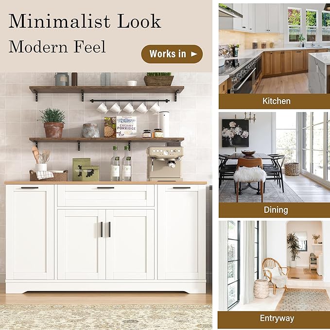 Multi-Functional Storage Sideboard, Extendable Dining Table, Adjustable Shelves, 3-Tier Pull-Out Rack, Kitchen Island Storage for Kitchen, Dining Room, Living Room, White
