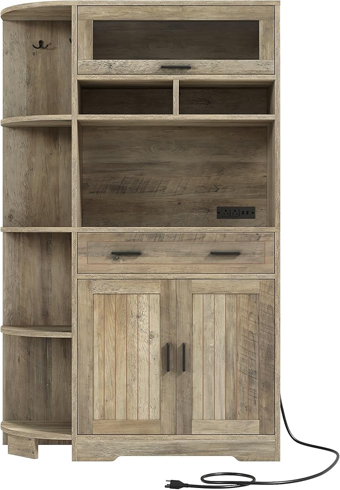DWVO Farmhouse Kitchen Pantry Cabinet, 67" Bakers Rack w/Storage Cabinet, Coffee Bar w/Charging Station, Buffet Sideboard, Microwave Stand, Hutch Cupboard for Dining Room Kitchen Living Room(Ash Gray)