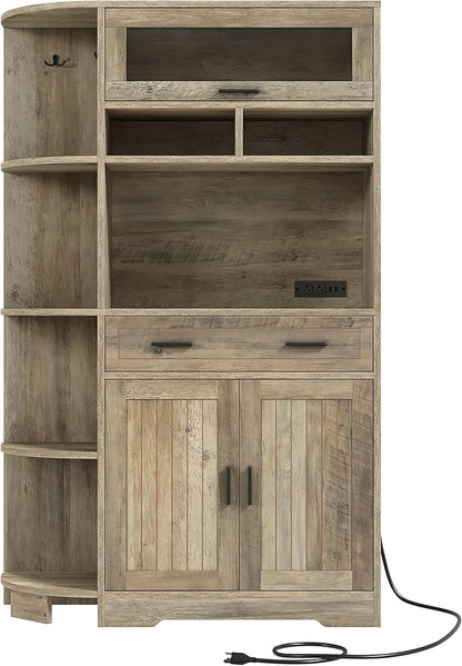 DWVO Farmhouse Kitchen Pantry Cabinet, 67" Bakers Rack w/Storage Cabinet, Coffee Bar w/Charging Station, Buffet Sideboard, Microwave Stand, Hutch Cupboard for Dining Room Kitchen Living Room(Ash Gray)