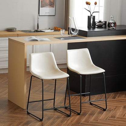 Harper & Bright Designs Vintage Style 24-Inch Armless Industrial Faux Leather Counter Stool with Metal Legs and Footrest for Kitchen Island, Cafe, Pub, Bar Counter, Cream and Black(Set of 2)