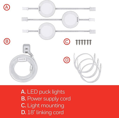 UltraPro Linkable Recessed Puck Lights, 3 Pucks, LED Puck, 150 Lumens, Warm White Light, Under Cabinet Lighting, Warm White, Kitchen, Counter, Indoor, 45744