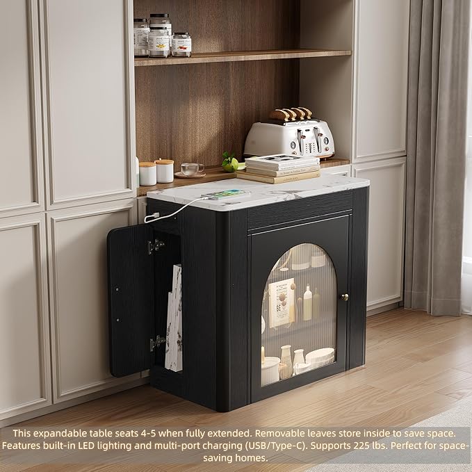 Merax 59" Rolling Kitchen Island with Extendable Table, Mobile Kitchen Islands with Storage Cabinet and Power Outlet, Modern Kitchen Island Cart on Wheels for Small Space Dining Living Room, Black