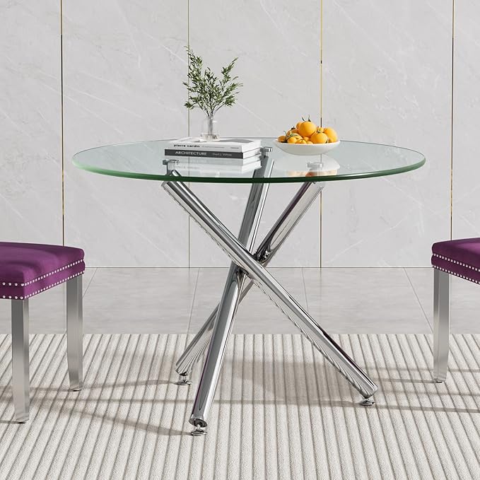 Glass Dining Table,36'' Round Dining Kitchen Table,Modern X-Design Dining Room Table with Silver Metal Base for Dining Room