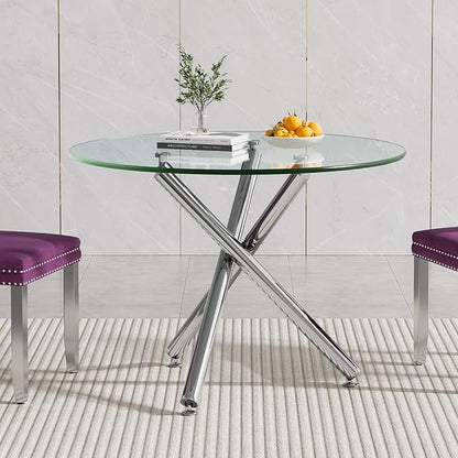 Glass Dining Table,36'' Round Dining Kitchen Table,Modern X-Design Dining Room Table with Silver Metal Base for Dining Room