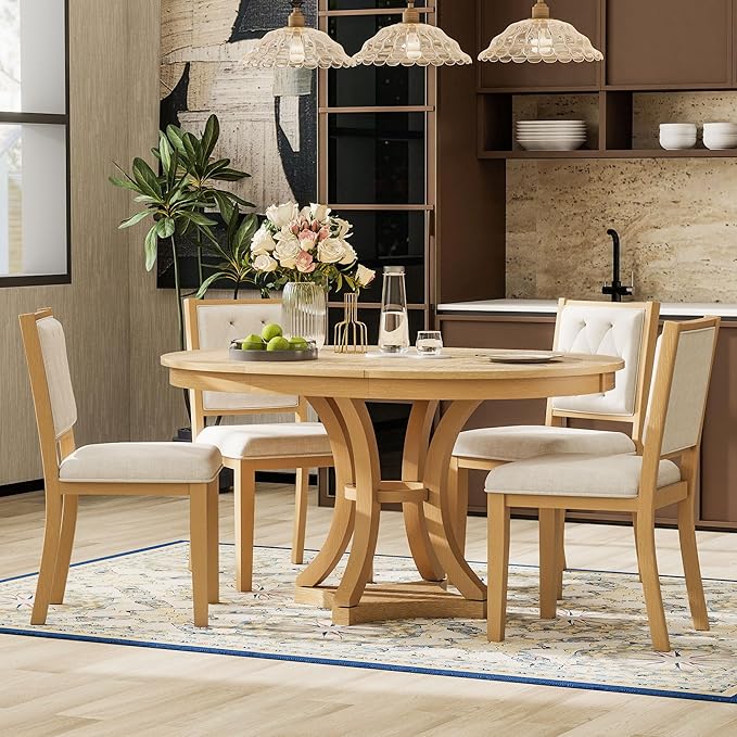 Vintage 5-Piece Extendable Round Dining Table Set for 4 with Chairs, Modern Wood Kitchen Table Set with Tufted Upholstered Chairs for Kitchen Dining Room Living Room (Natural)