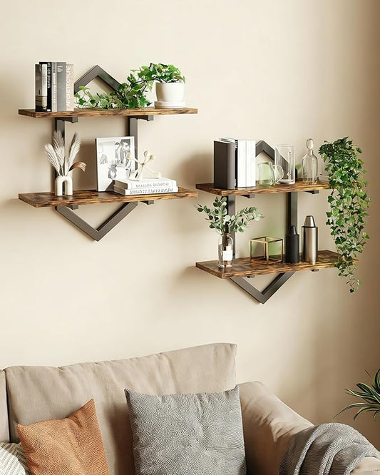 Floating Shelves, Set of 2 Wall Shelf, Wall Mounted Decorative Shelves, 2-Tier Modern Geometric Hanging Storage Shelf for Living Room, Bedroom, Kitchen, Office, Study (Rustic Brown + Black)