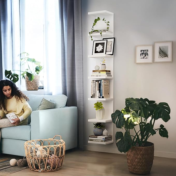 7 Tier Wall Shelf Unit, Floating Shelves for Storage Home Display, Versatile Lack Wall Shelves for Bedroom,Living Room,Office Decor, Tall Long Shelf for Book,Shoe,Vanity, Purse and TV White