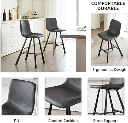 26" Counter Height Bar Stools Set of 2,Faux Leather Barstools with Ergonomic Backrest & Footrest, Sturdy Black Metal Frame PU Bar Chairs for Kitchen Island, Home Bar, Restaurant (Black)