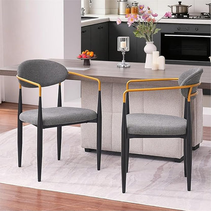 Modern Upholstered Accent Chair Set of 2 with Ergonomic Backrest,Gold Accented Armrests,Linen Fabric Seat,Black Metal Frame,Contemporary Seating for Dining Room,Kitchen Island (Grey,Dining Chair)