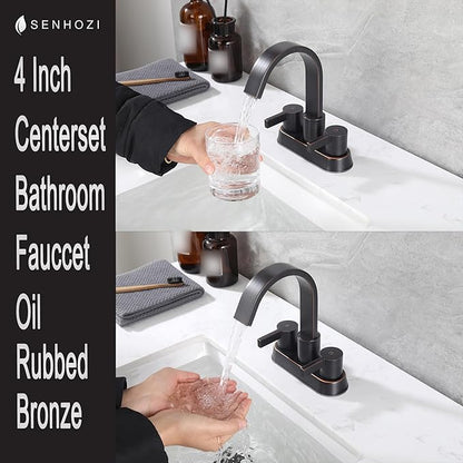 Oil Rubbed Bronze Bathroom Faucet 3 Hole, Senhozi 4 Inch Centerset Bathroom Faucet with Pop up Drain and 2 Supply Lines, Waterfall Bathroom Faucet Modern Faucet Bathroom, SE-0048-ORB