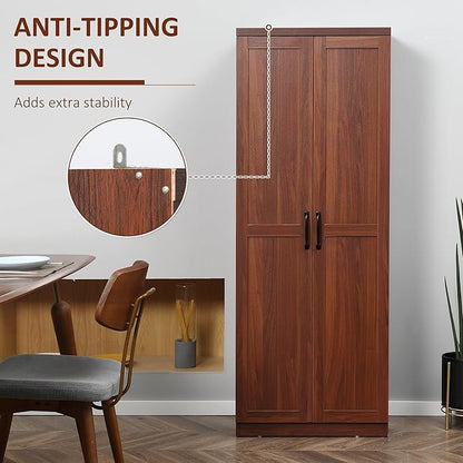 63" Kitchen Pantry, Freestanding Storage Cabinet with 5-Tier Shelving and 2 Adjustable Shelves, 2-Door, Brown, Easy to Maintain, for Dining Room