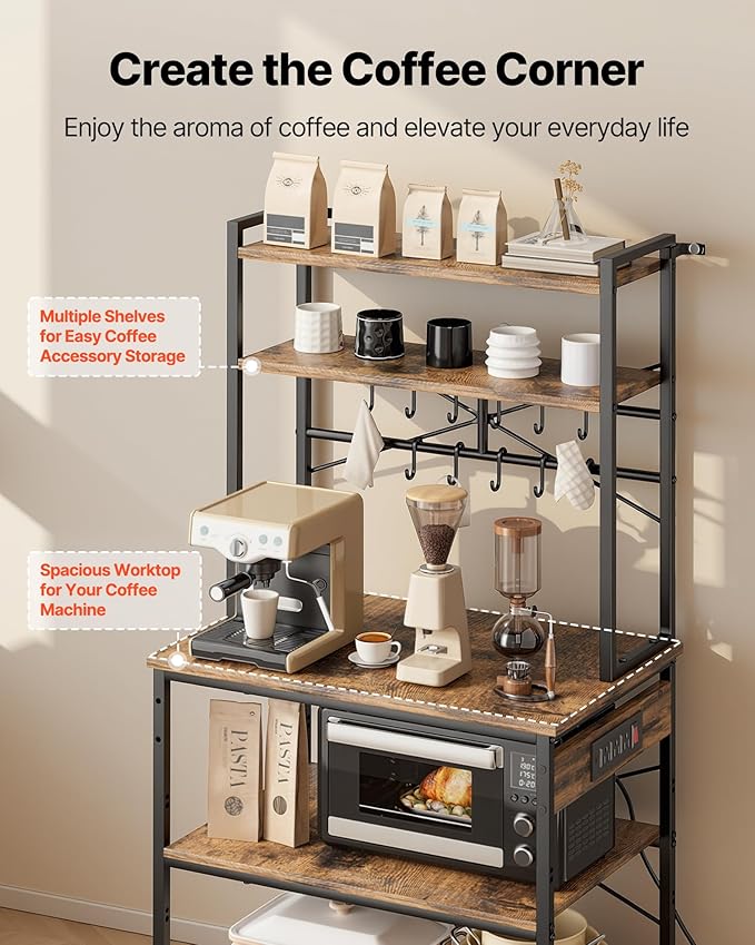 VEVOR Kitchen Bakers Rack with Power Outlets, 31.5 x 15.7 x 63.7Inch Microwave Stand with Built-in Power Strip & 5 Ft Cord, 12 S-Shaped Hooks, for Dish Storage, Spice Jars, Coffee Bar Organization
